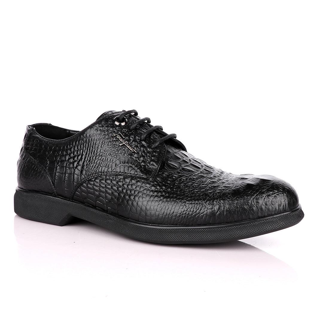 Salvatore Ferragamo Black Crocodile Leather Derby Laced Shoe - Obeezi