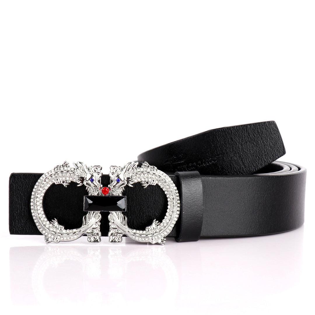 Salvatore Ferragamo Black Crystal Silver Dragon Designed Men's Leather Black Belt - Obeezi.com