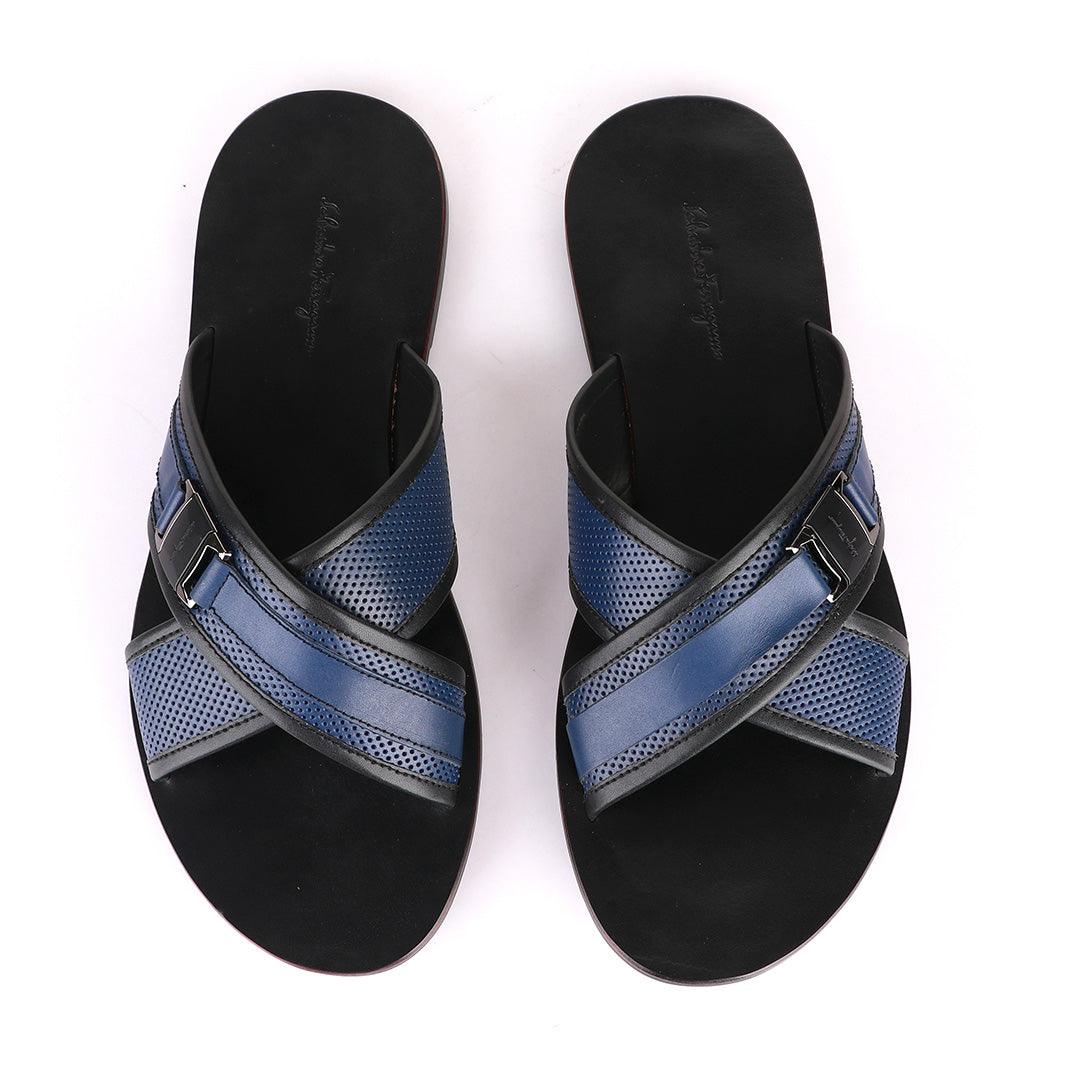 Salvatore Ferragamo Cross Blue Slippers - Obeezi