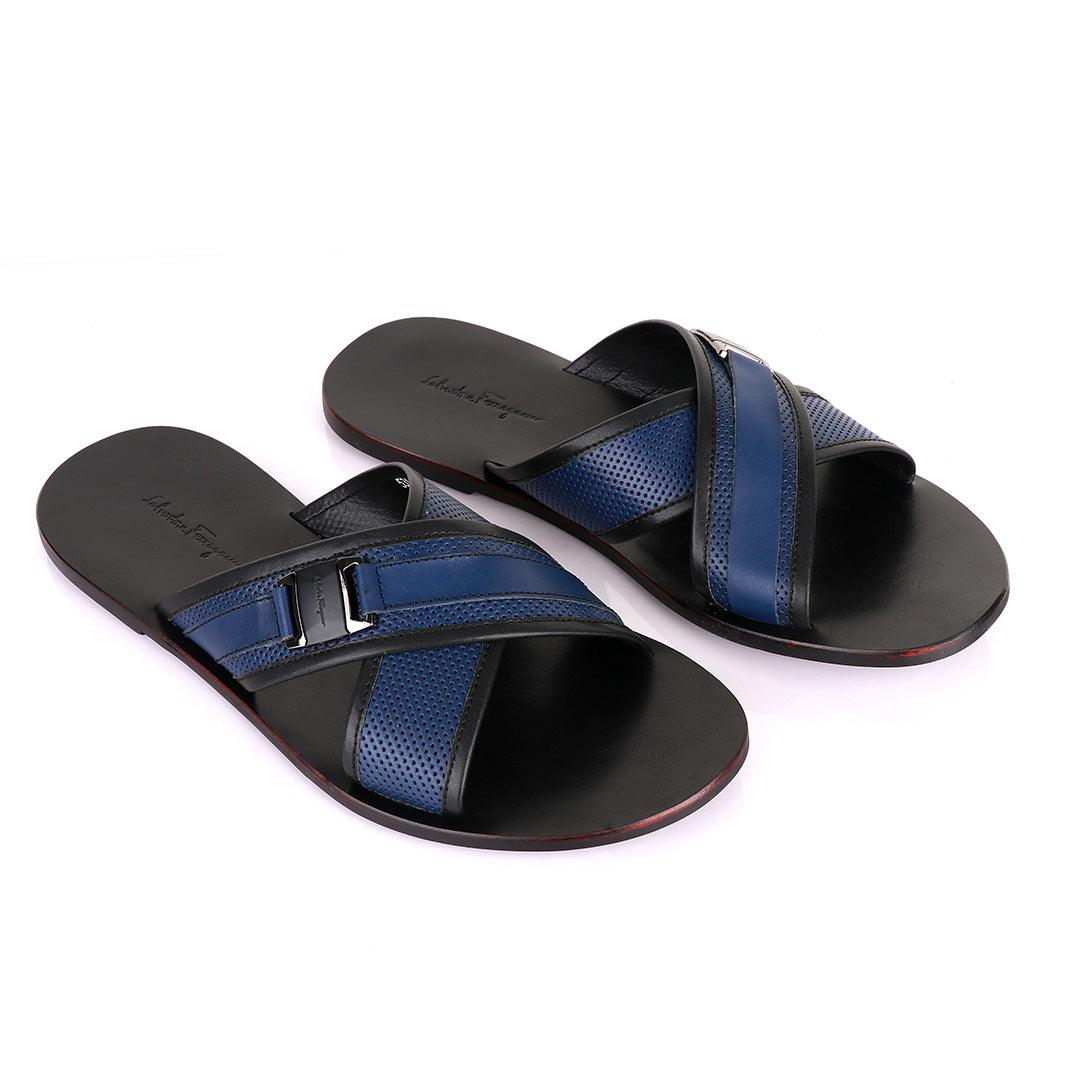 Salvatore Ferragamo Cross Blue Slippers - Obeezi