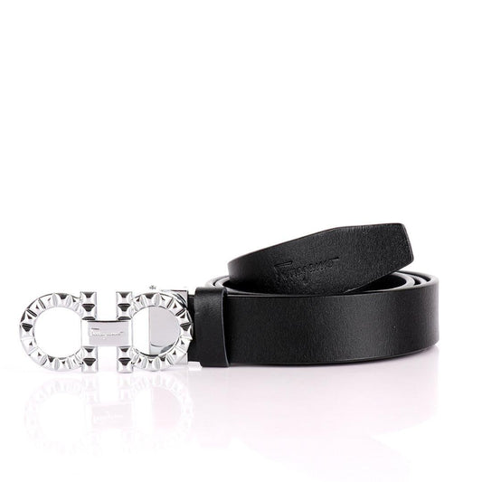Salvatore Ferragamo Exquisite Silver Designed Men's Leather Black Belt - Obeezi.com