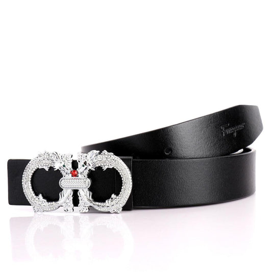 Salvatore Ferragamo Exquisite Silver Dragon Designed Men's Leather Black Belt - Obeezi.com