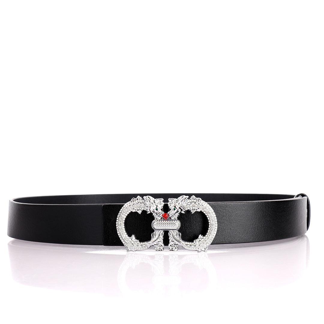 Salvatore Ferragamo Exquisite Silver Dragon Designed Men's Leather Black Belt - Obeezi.com