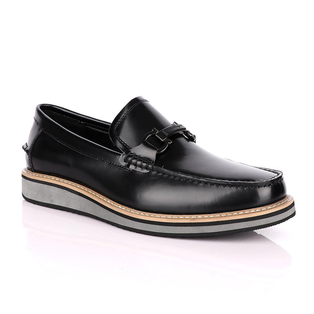 Salvatore Ferragamo Hybrid Glossy Black Leather Loafers - Obeezi