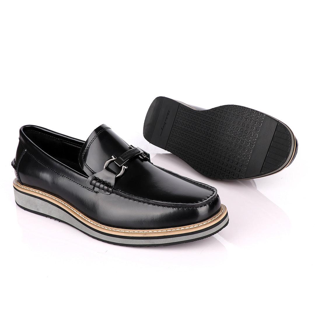 Salvatore Ferragamo Hybrid Glossy Black Leather Loafers - Obeezi