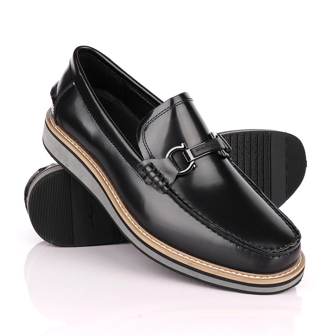 Salvatore Ferragamo Hybrid Glossy Black Leather Loafers - Obeezi