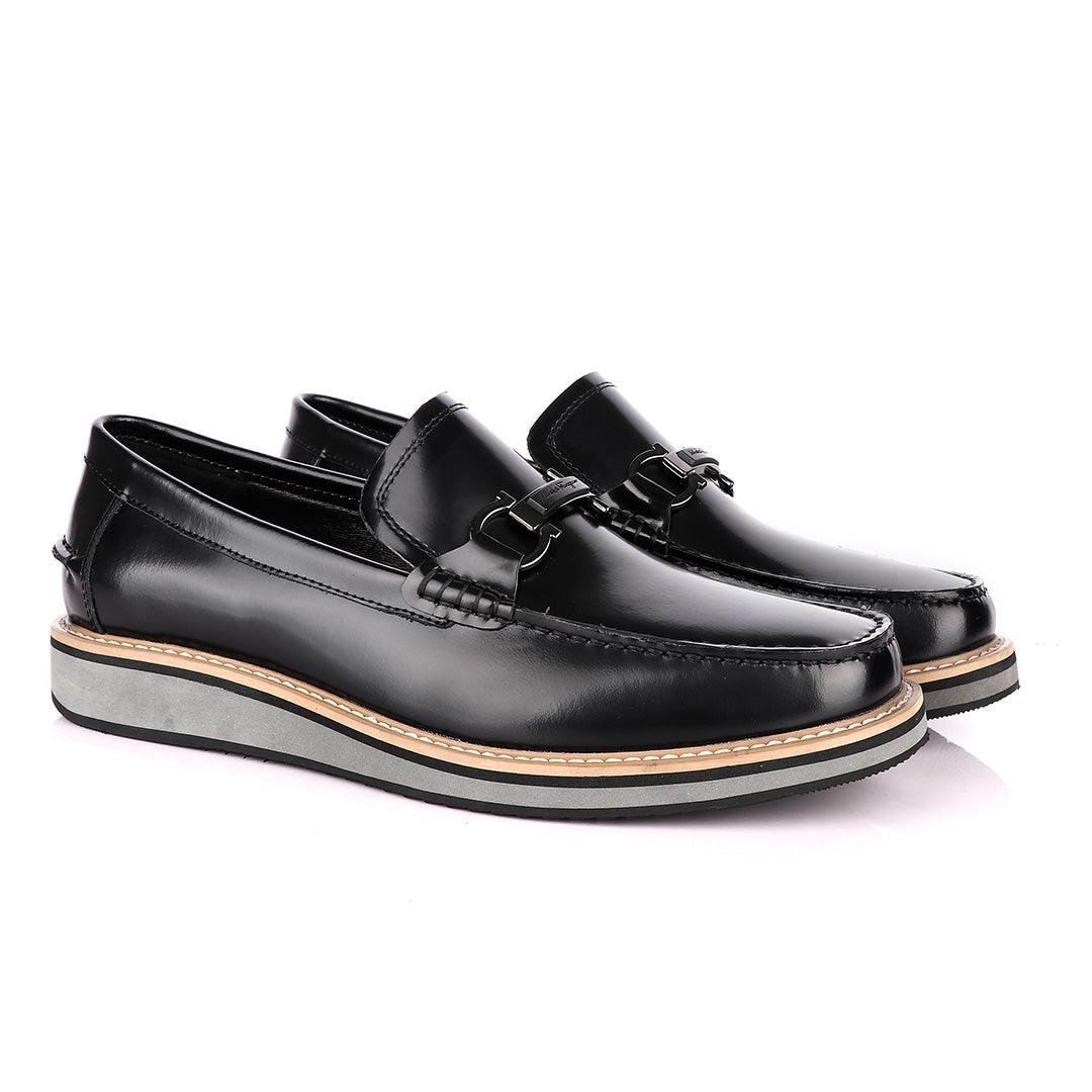 Salvatore Ferragamo Hybrid Glossy Black Leather Loafers - Obeezi
