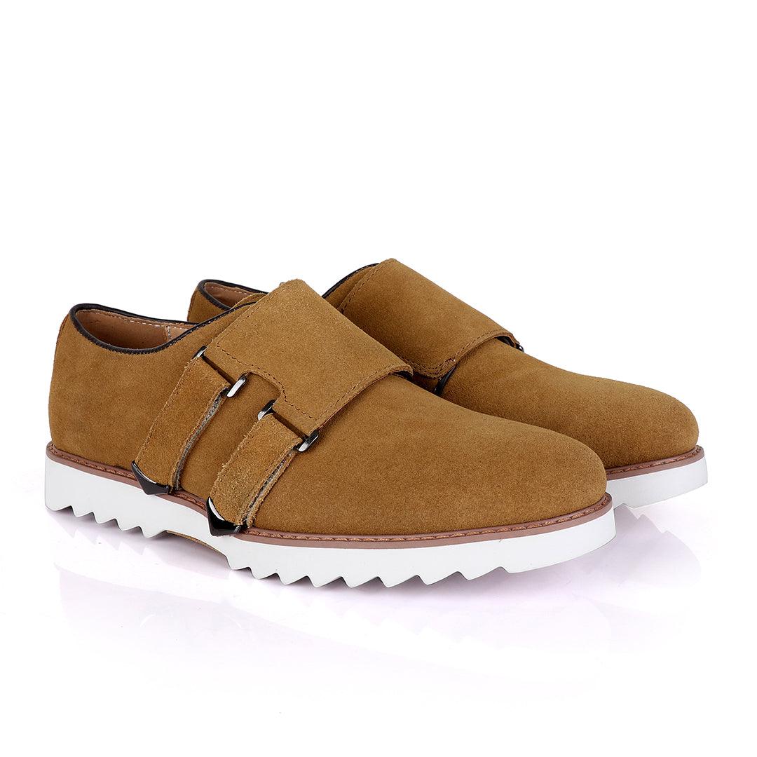 Salvatore Ferragamo Men's Apricot Suede Shoes with Double Buckle - Obeezi