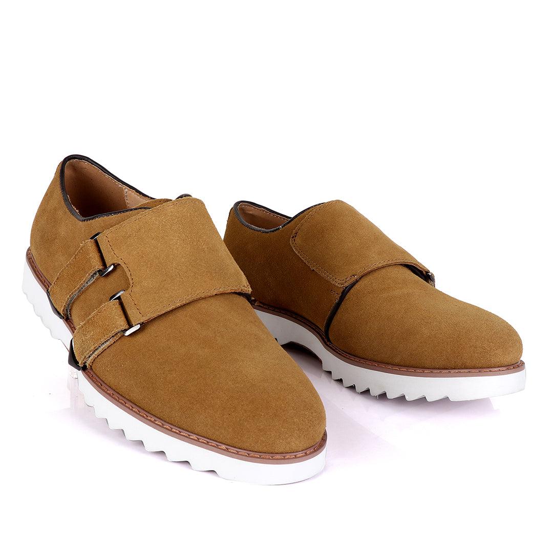 Salvatore Ferragamo Men's Apricot Suede Shoes with Double Buckle - Obeezi