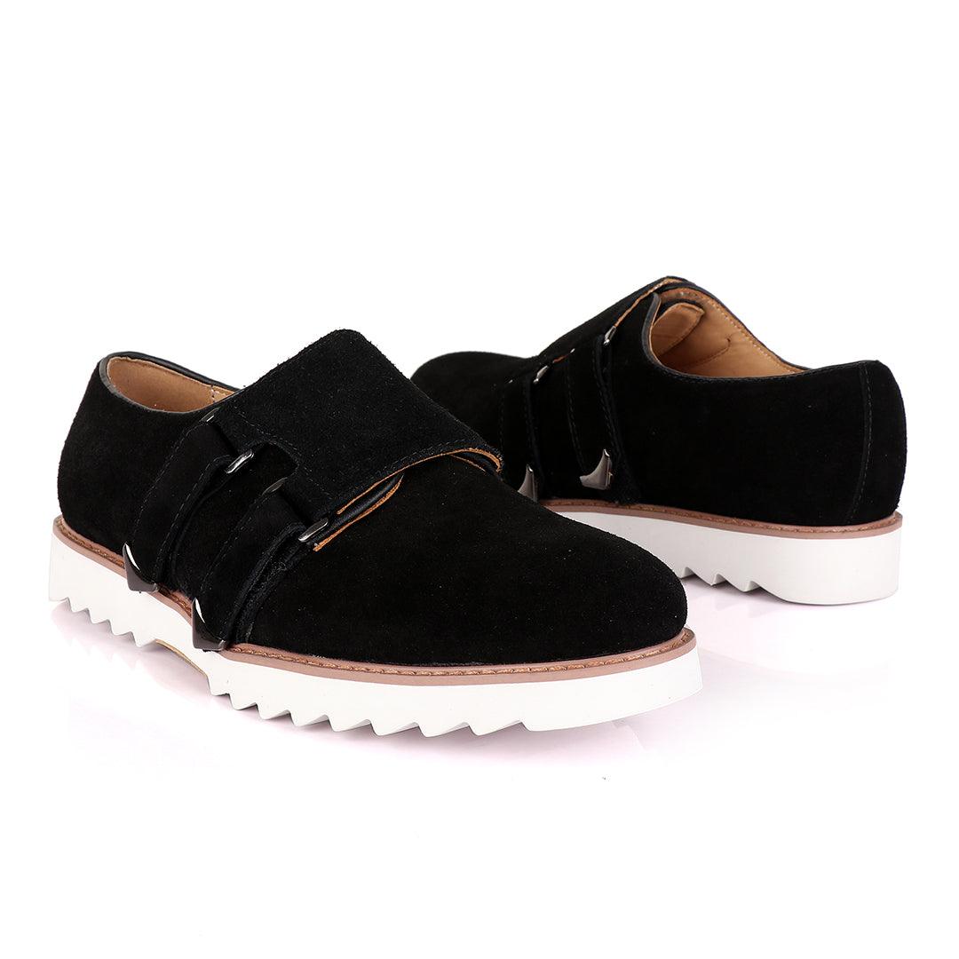 Salvatore Ferragamo Men's Black Suede Shoes with Double Buckle - Obeezi