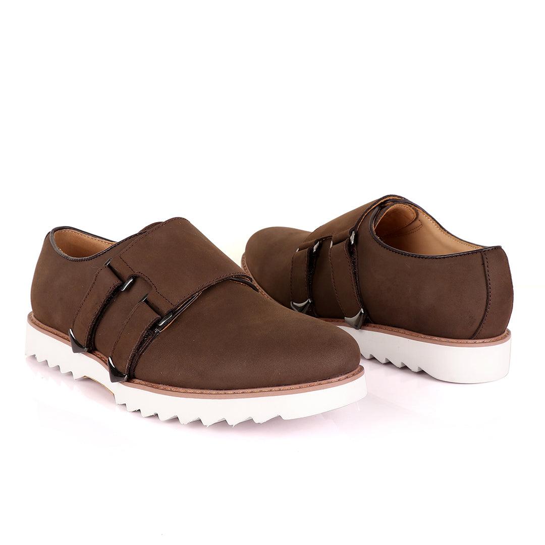 Salvatore Ferragamo Men's Coffe Suede Double Straps Shoe - Obeezi