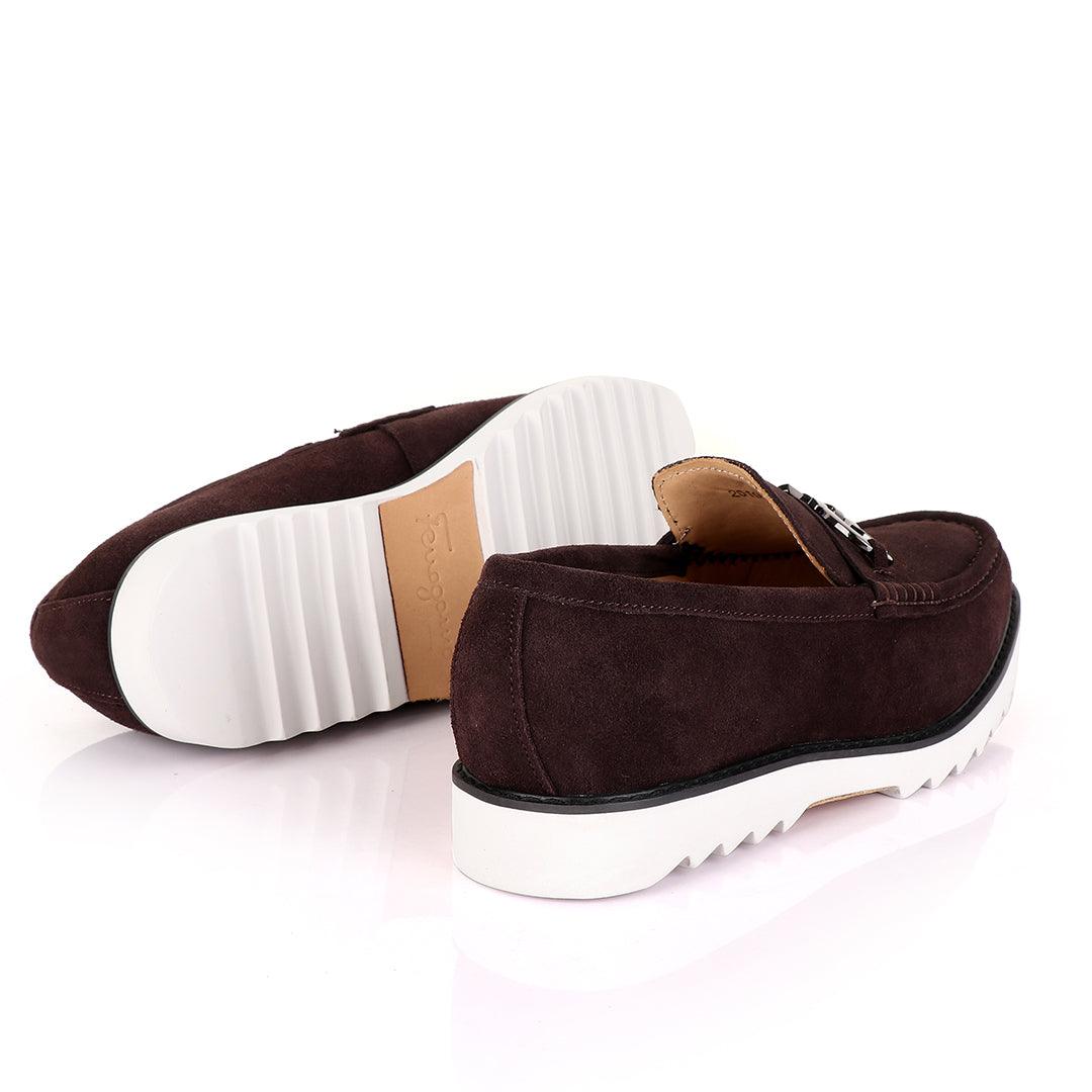 Salvatore Ferragamo Men's Coffee Suede Loafer Shoe - Obeezi