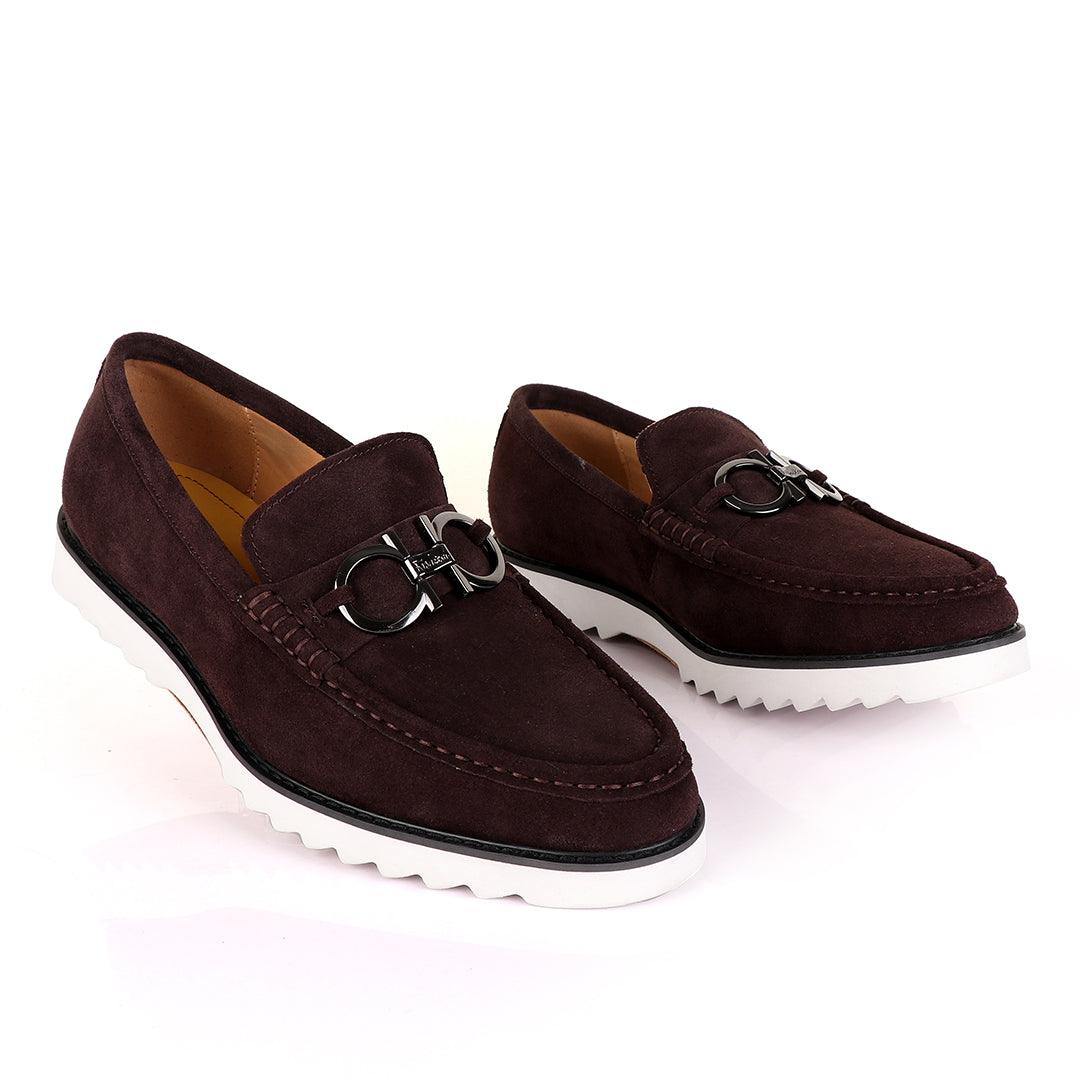 Salvatore Ferragamo Men's Coffee Suede Loafer Shoe - Obeezi