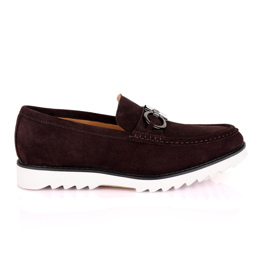 Salvatore Ferragamo Men's Coffee Suede Loafer Shoe - Obeezi