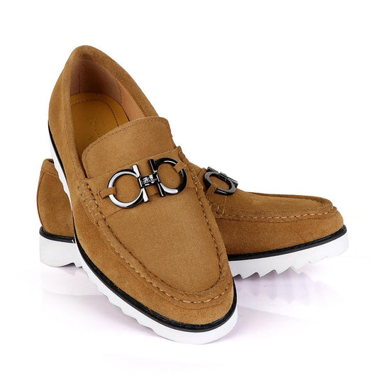 Salvatore Ferragamo Men's Suede Loafer Shoe With Front Logo-Apricot - Obeezi