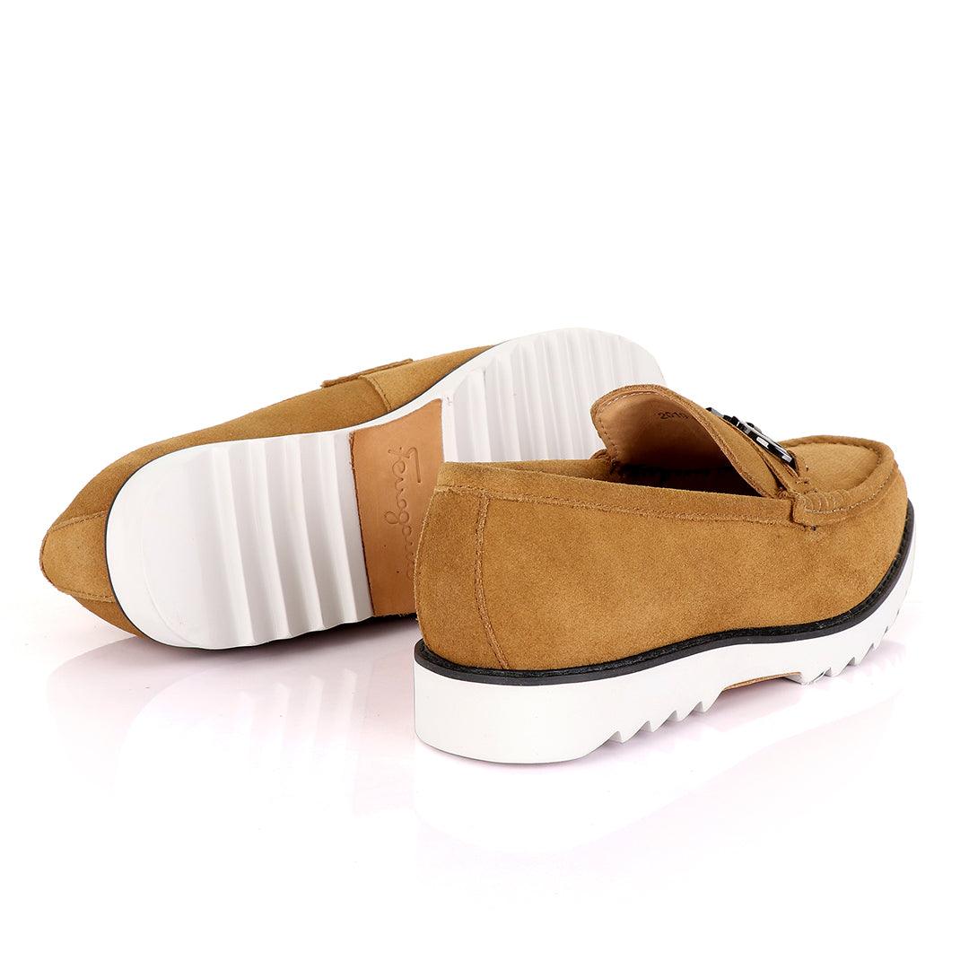 Salvatore Ferragamo Men's Suede Loafer Shoe With Front Logo-Apricot - Obeezi