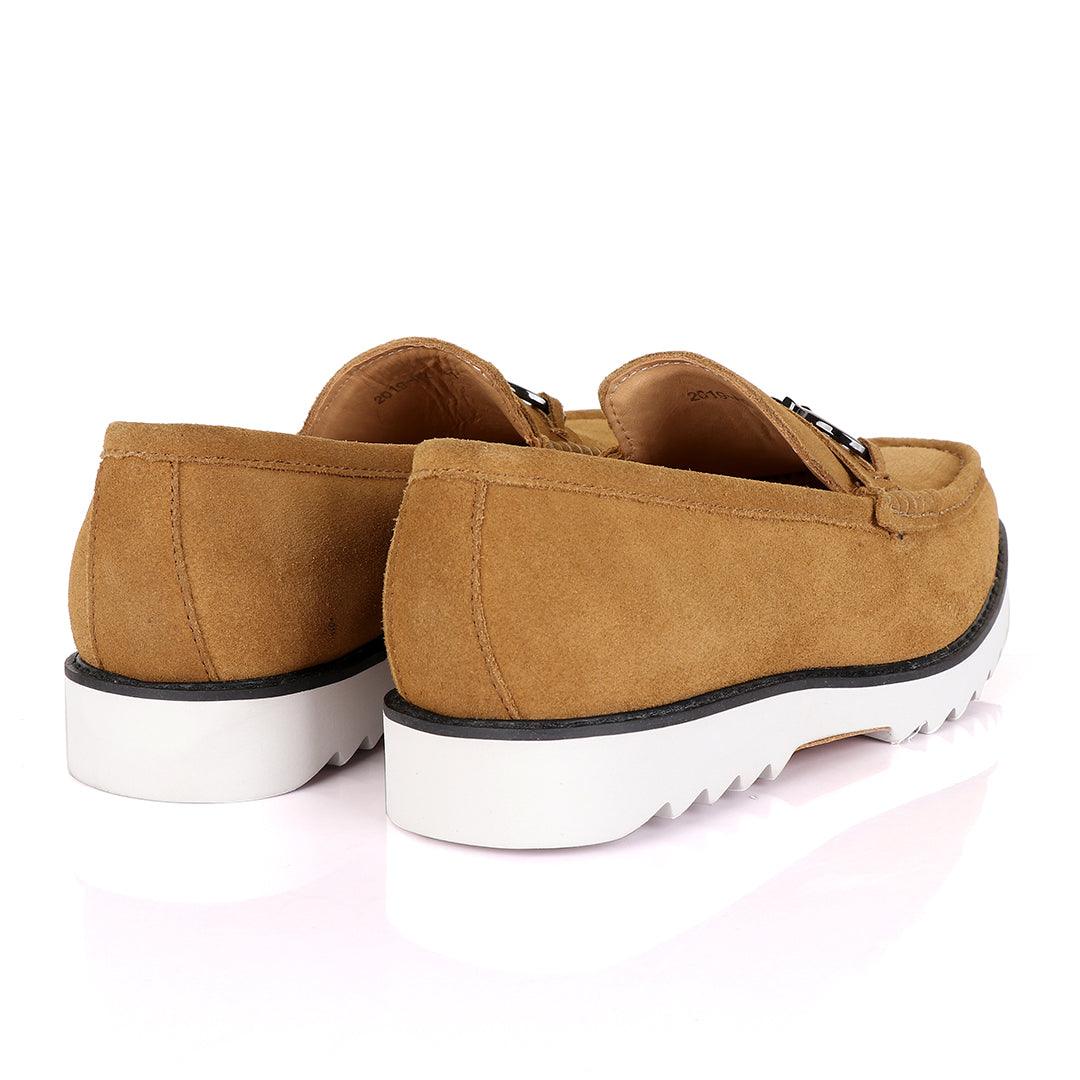 Salvatore Ferragamo Men's Suede Loafer Shoe With Front Logo-Apricot - Obeezi