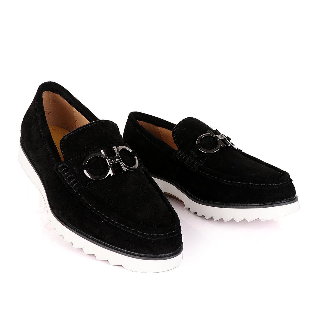 Salvatore Ferragamo Men's Suede Loafer Shoe With Front Logo - Obeezi