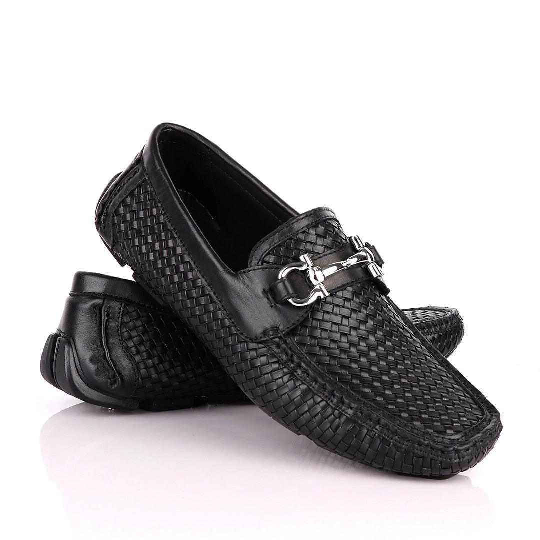 Salvatore Ferragamo Men's Woven Leather Driver- Black - Obeezi