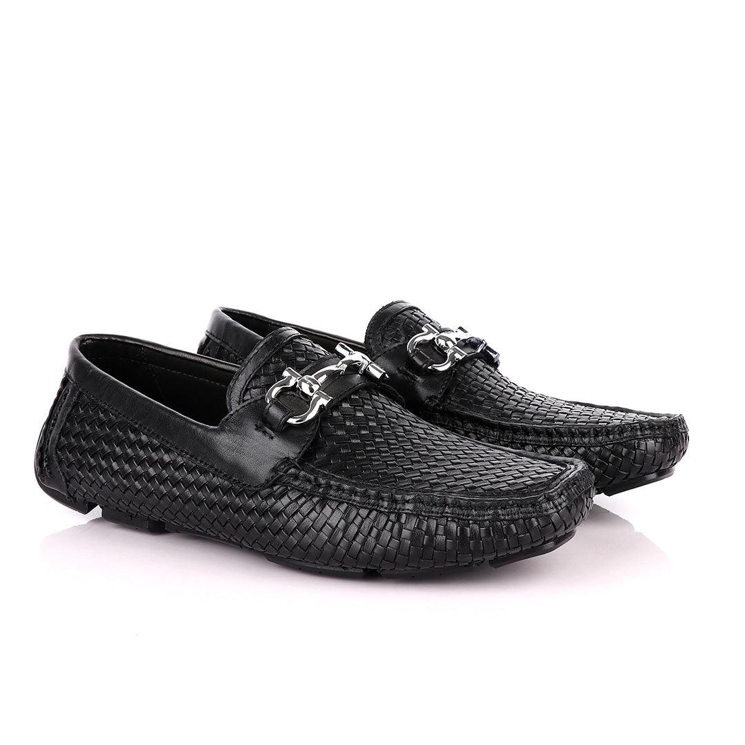 Salvatore Ferragamo Men's Woven Leather Driver- Black - Obeezi