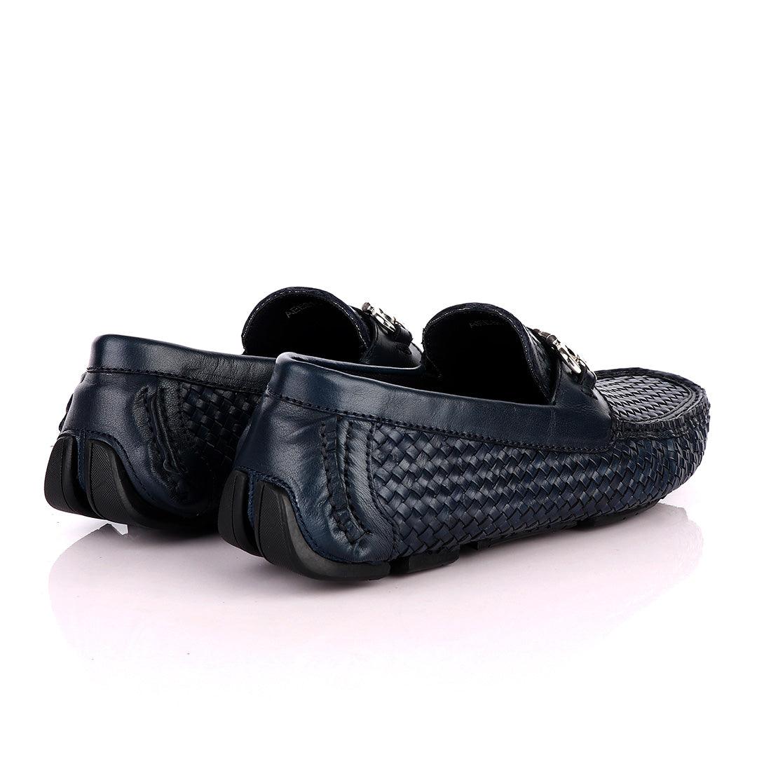 Salvatore Ferragamo Men's Woven Leather Sardegna NavyBlue Driver - Obeezi