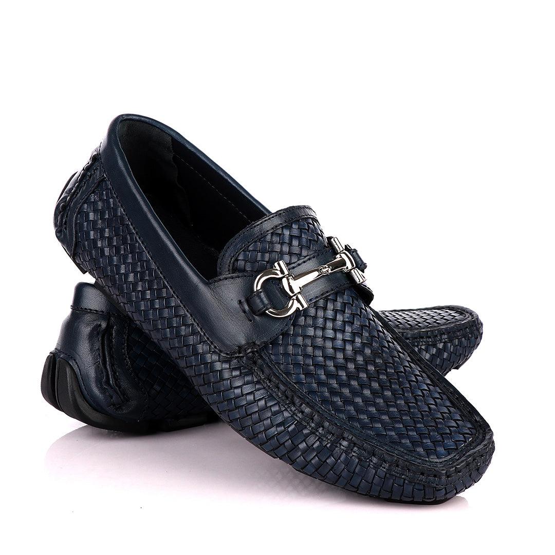 Salvatore Ferragamo Men's Woven Leather Sardegna NavyBlue Driver - Obeezi