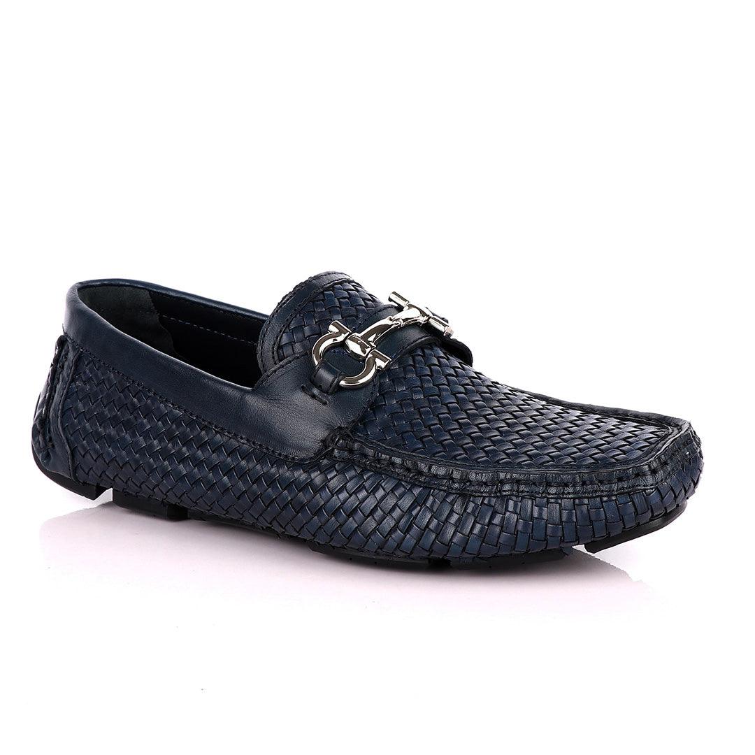 Salvatore Ferragamo Men's Woven Leather Sardegna NavyBlue Driver - Obeezi