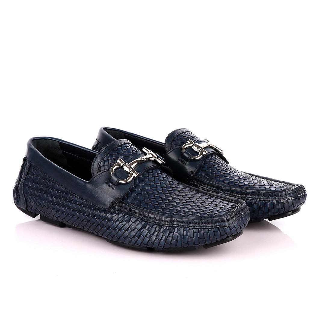 Salvatore Ferragamo Men's Woven Leather Sardegna NavyBlue Driver - Obeezi