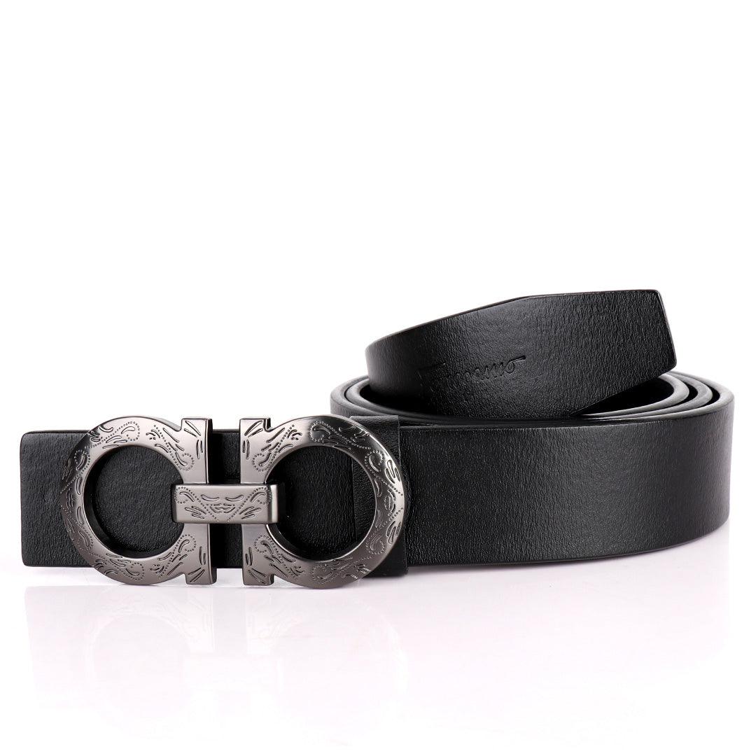 Salvatore Ferragamo Silver Scripted Logo Designed Men's Leather Black Belt - Obeezi.com