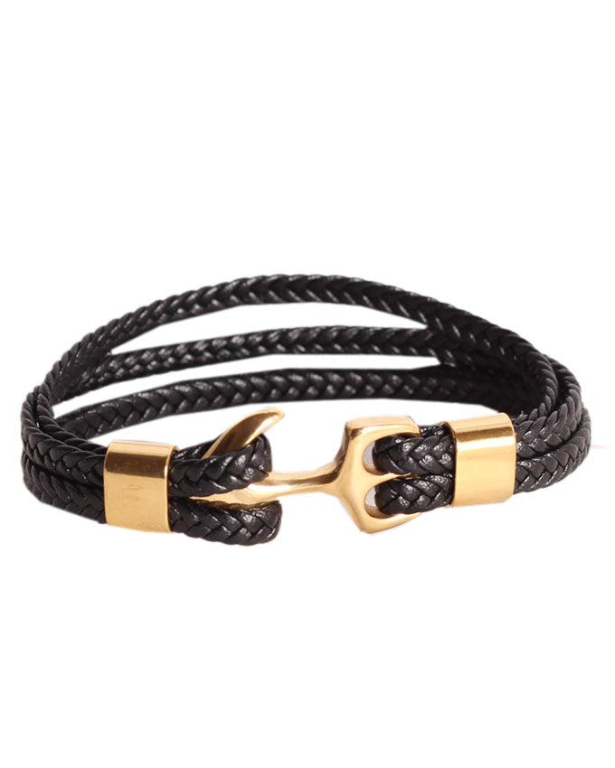 Seven London 3 Pack plaited Leather Wrap Anchor Bracelet In Gold - Obeezi.com