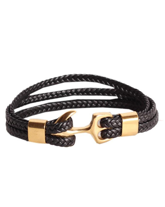 Seven London 3 Pack plaited Leather Wrap Anchor Bracelet In Gold - Obeezi.com