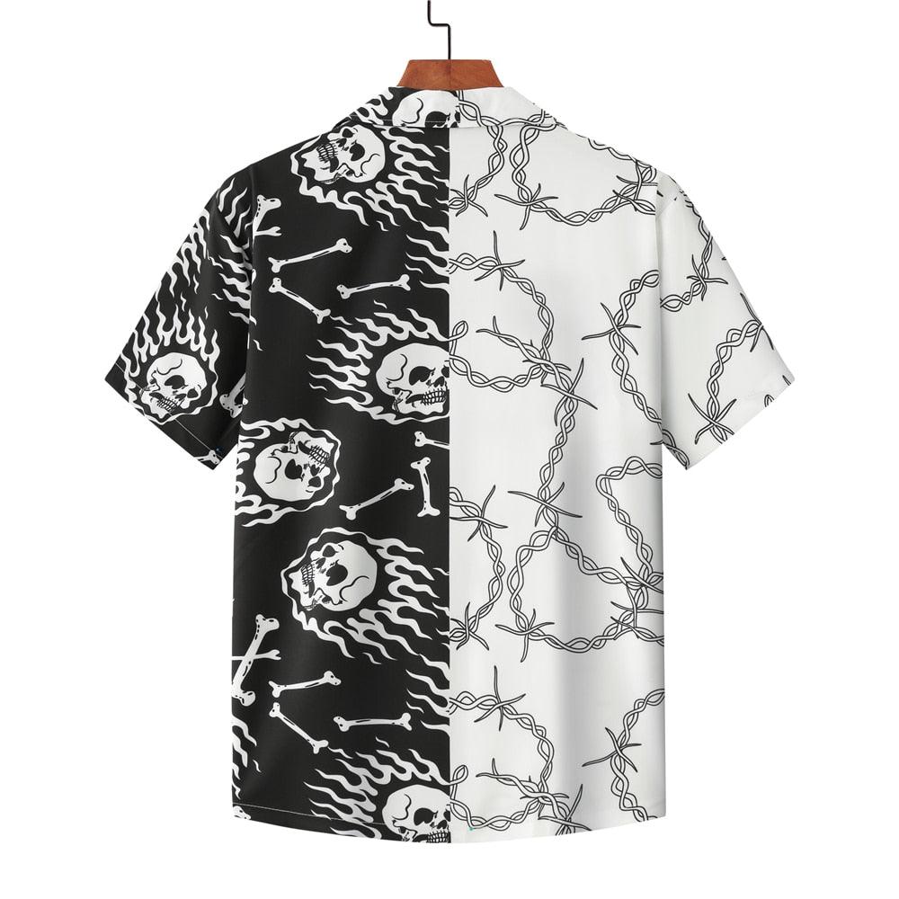 Short Sleeves Firey Skullie Casual Men's HAWAIIWA Shirt- Black White - Obeezi.com