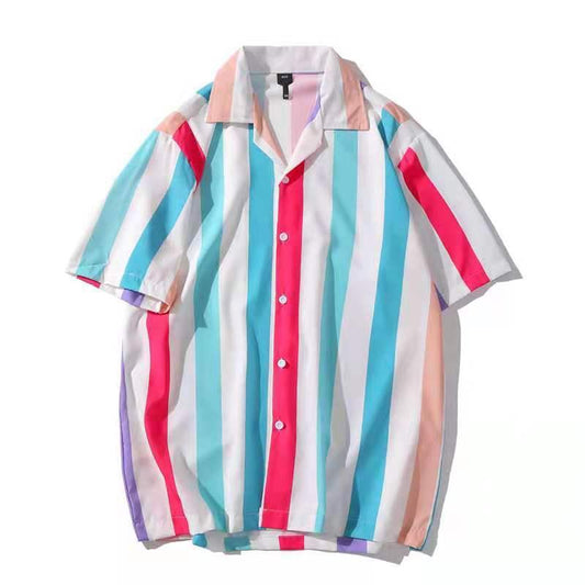 Short Sleeves Stripes Casual Men's Hawaiian Shirt- Brown - Obeezi.com