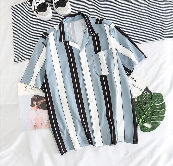 Short Sleeves Stripes Print Casual Mens Hawaiian Shirt -Grey - Obeezi.com