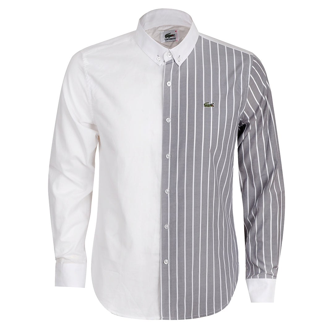 Side Stripe Panel Button Down Shirt- Grey White - Obeezi.com