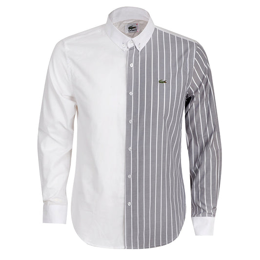 Side Stripe Panel Button Down Shirt- Grey White - Obeezi.com