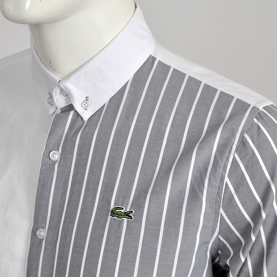 Side Stripe Panel Button Down Shirt- Grey White - Obeezi.com