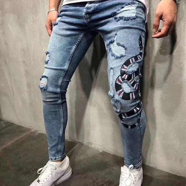Snake Embroidered Blue Jeans - Obeezi