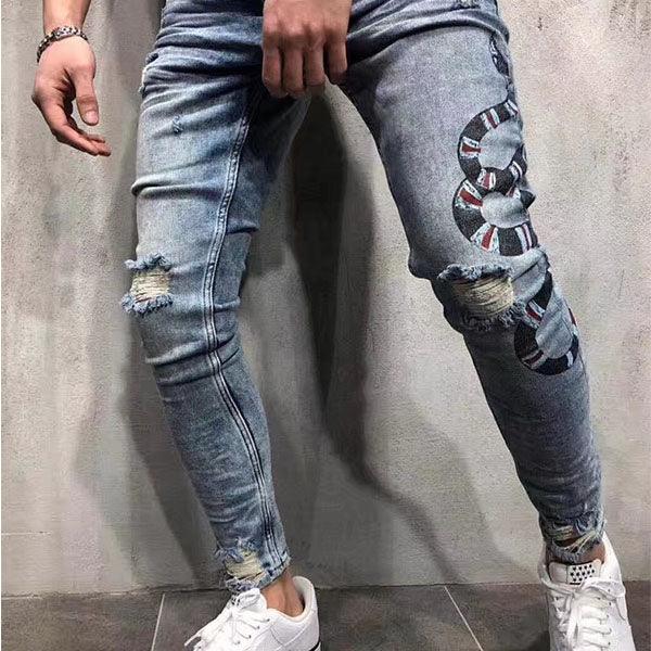Snake Embroidered Blue Jeans - Obeezi