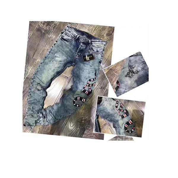 Snake Embroidered Blue Jeans - Obeezi