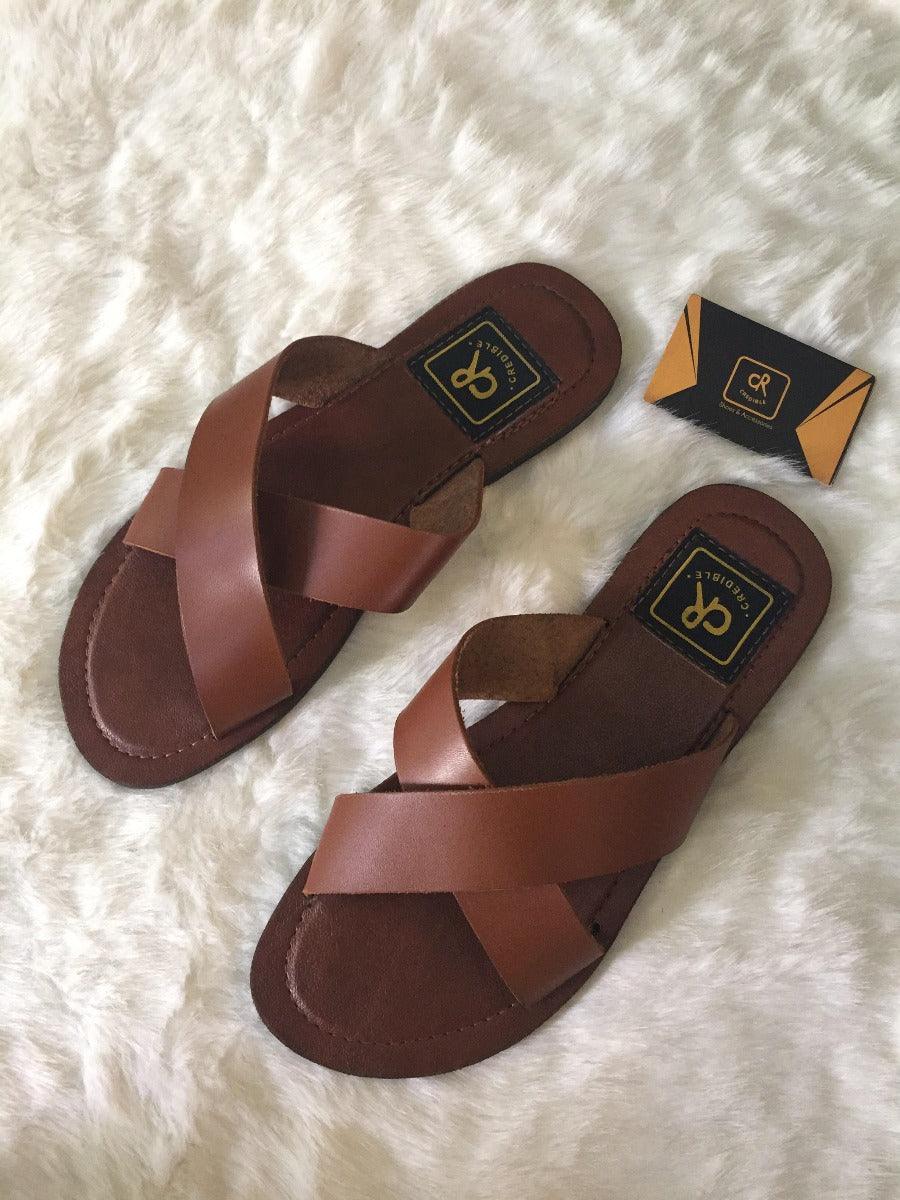 Tan X Strapped Leather Slippers Brown - Obeezi