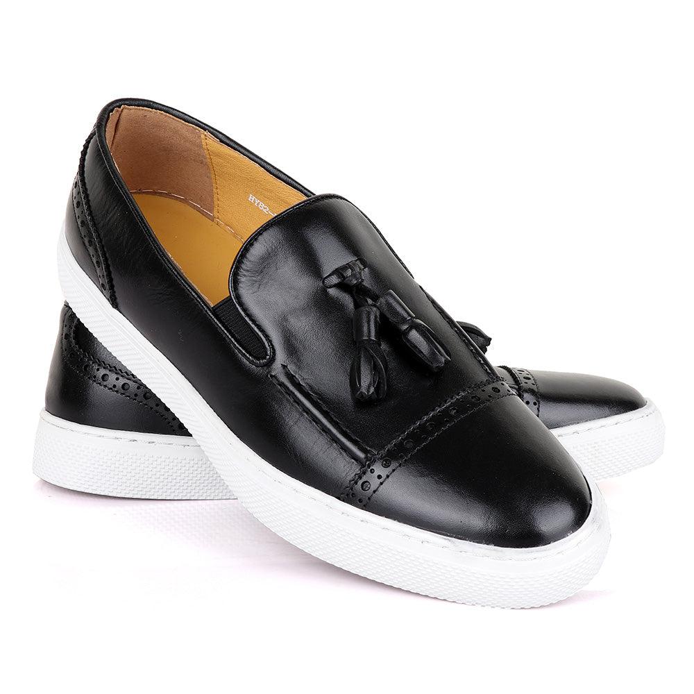 Terry Taylor Black Leather Tassel Sneaker Shoe - Obeezi