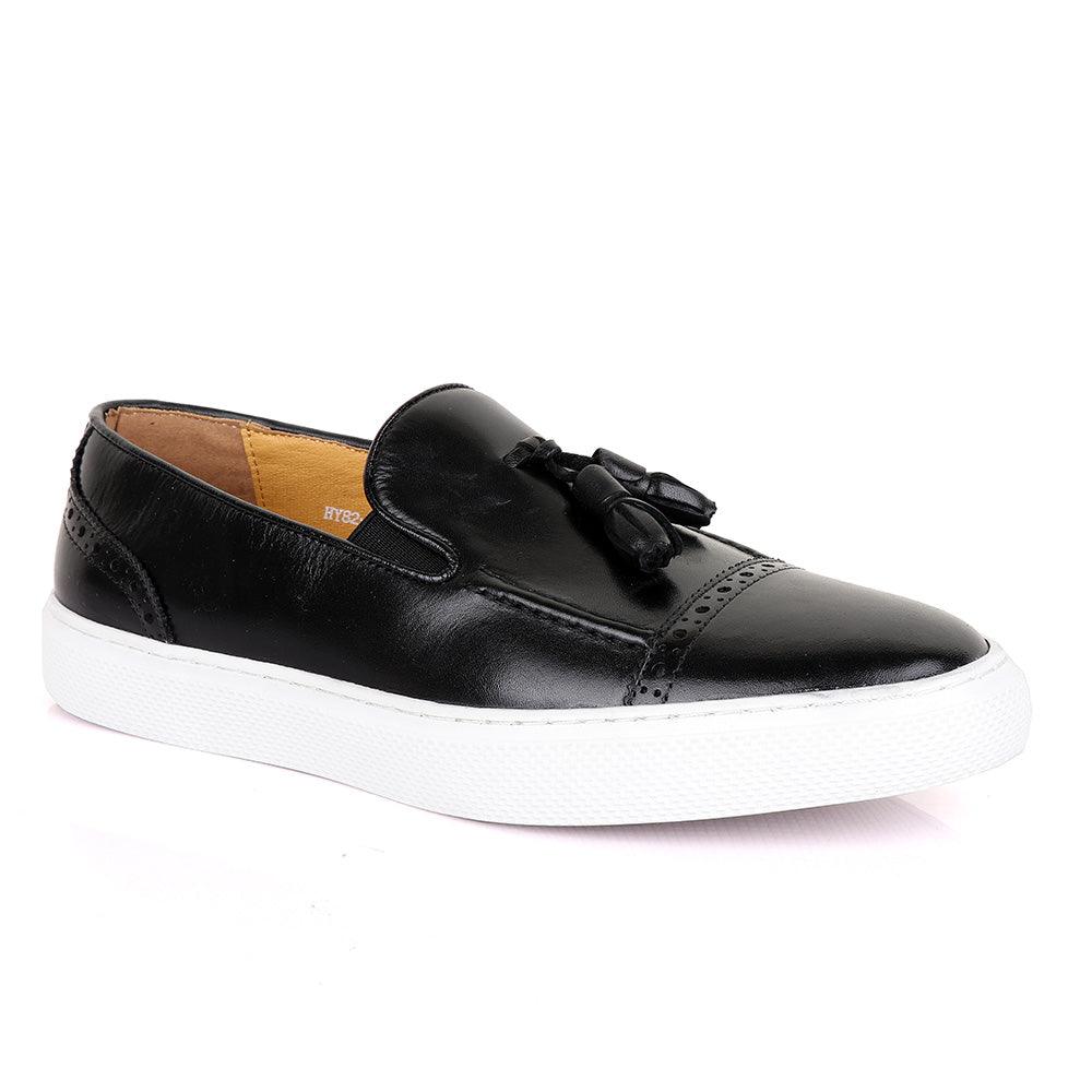 Terry Taylor Black Leather Tassel Sneaker Shoe - Obeezi