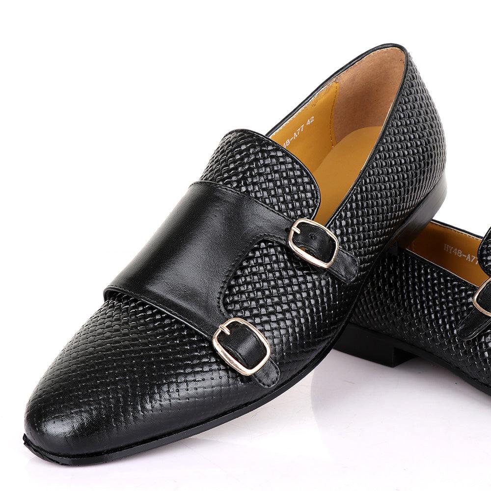 Terry Taylors Basket Double Monk Strap Black Leather Shoe - Obeezi
