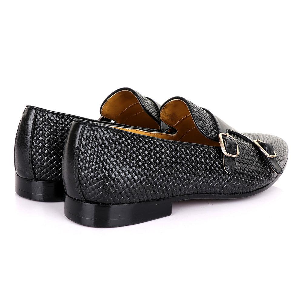 Terry Taylors Basket Double Monk Strap Black Leather Shoe - Obeezi