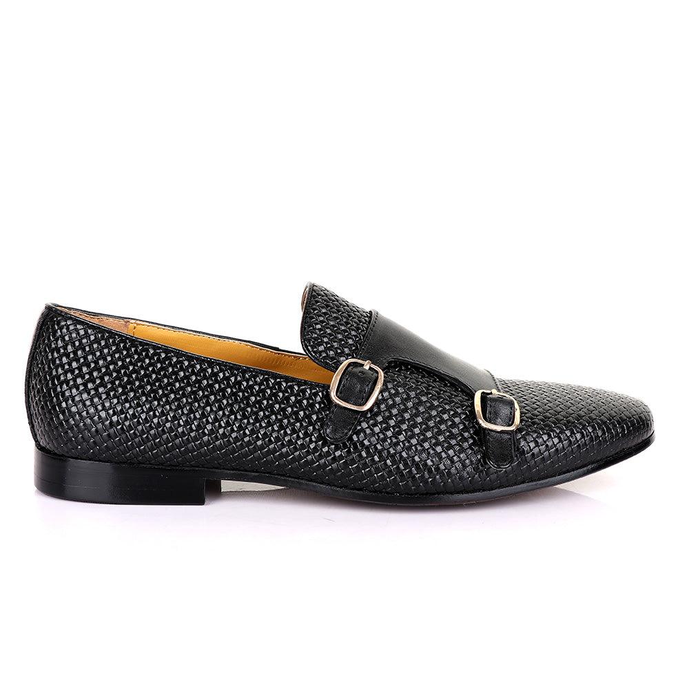 Terry Taylors Basket Double Monk Strap Black Leather Shoe - Obeezi