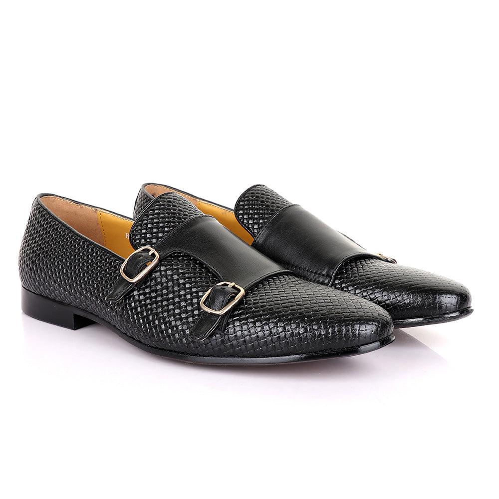 Terry Taylors Basket Double Monk Strap Black Leather Shoe - Obeezi