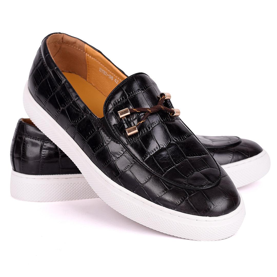 Terry Taylors Charcoal Black Crocodile Skin Leather Men's Sneaker Shoe - Obeezi.com