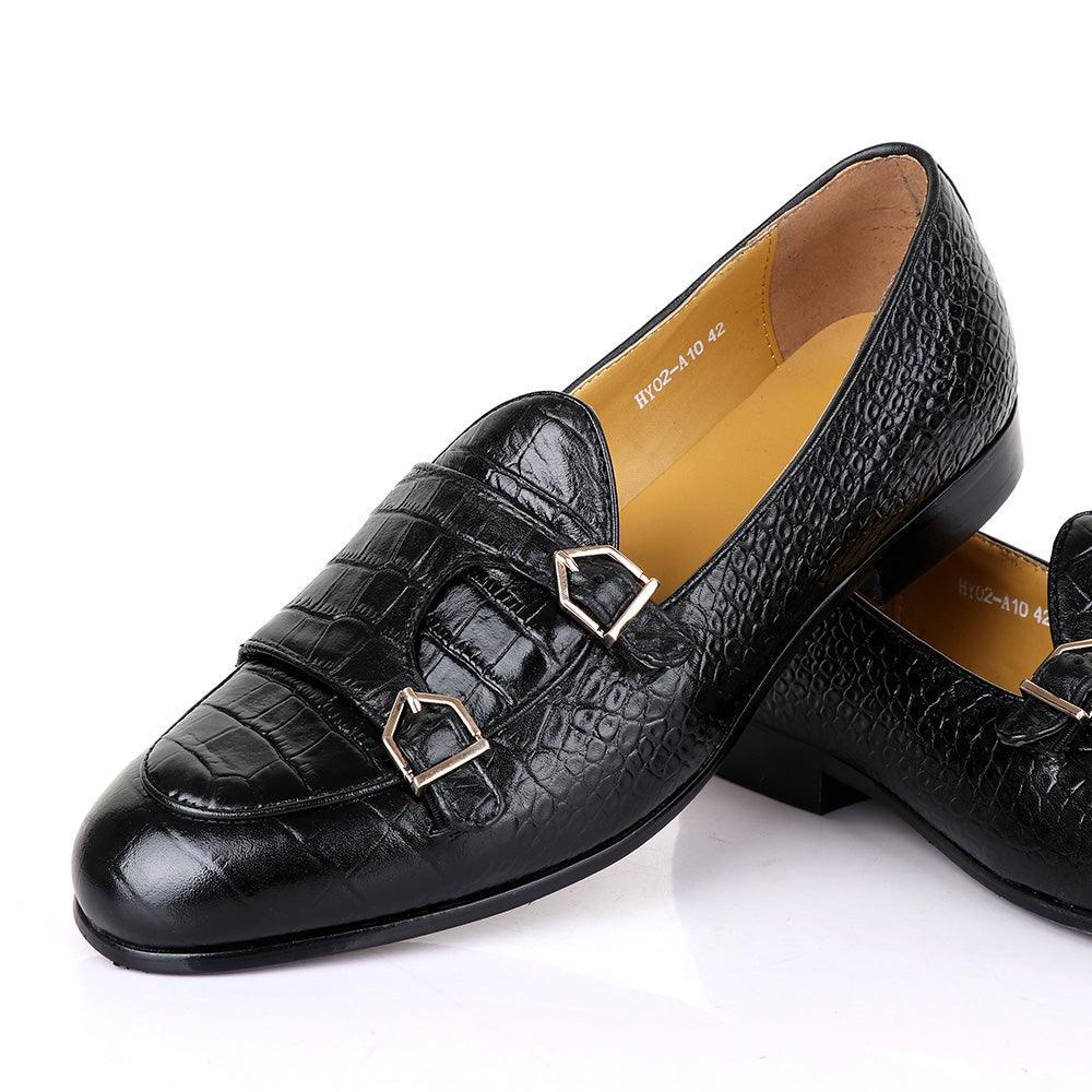 Terry Taylors Croc Double Monk Strap Black Formal Shoe - Obeezi