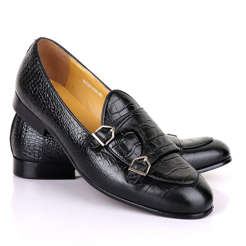 Terry Taylors Croc Double Monk Strap Black Formal Shoe - Obeezi